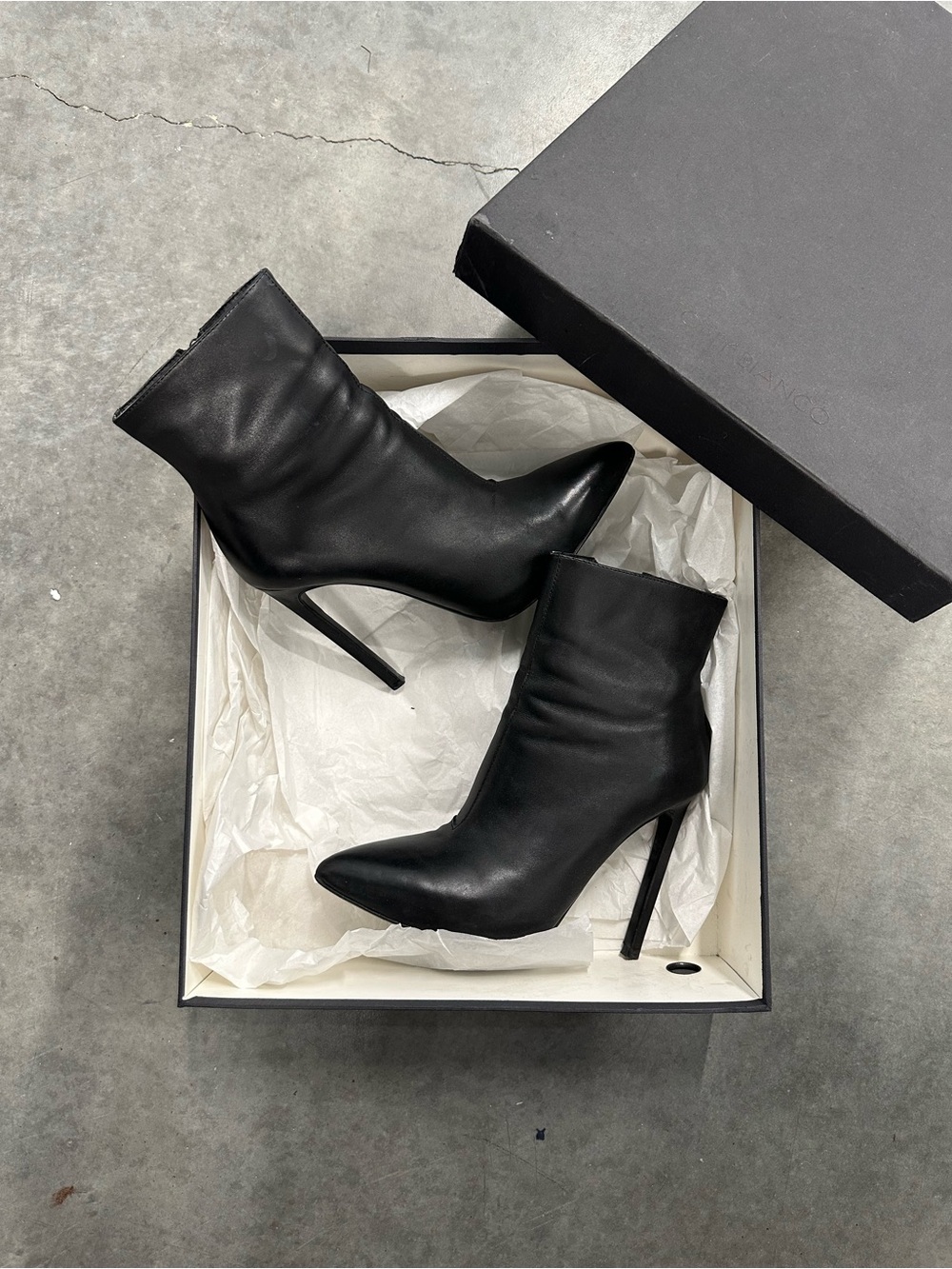 Freddie Bootie in Black
TONY BIANCO Black Pointed-Toe Stiletto Ankle Booties